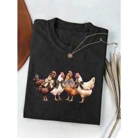 Women's Turquoise Blue Short Sleeve T-Shirt - Soft Pure Round Neck Top with Chicken Print (Hens & Bow Tie Design) - Casual & Party Wear for Spring Summer Fall - Comfortable Colors Everyday Blouse