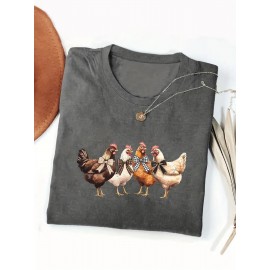 Women's Turquoise Blue Short Sleeve T-Shirt - Soft Pure Round Neck Top with Chicken Print (Hens & Bow Tie Design) - Casual & Party Wear for Spring Summer Fall - Comfortable Colors Everyday Blouse