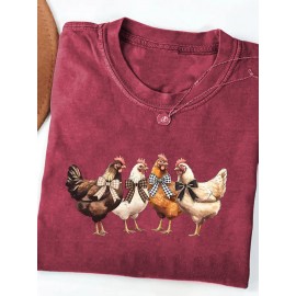 Women's Turquoise Blue Short Sleeve T-Shirt - Soft Pure Round Neck Top with Chicken Print (Hens & Bow Tie Design) - Casual & Party Wear for Spring Summer Fall - Comfortable Colors Everyday Blouse