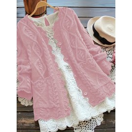 Plus Size, Plus Size Women's Casual Open Front Sweater, Long Sleeve with Pocket and Buttoned Scallop Hem