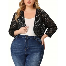 Plus Size Kimono Women Cardigan - Sheer Floral Pattern, 3/4 Sleeve, Open Front Shawl, Casual Spring/Summer Wear, Black, Elegant Event Wear, Short Length, Slight Stretch Fabric, No Lining